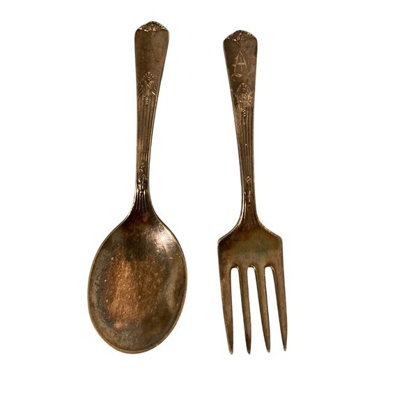 Vintage Wm Rogers & Son Silver Plated Child Fork & Spoon Set Monogramed A - Picture 1 of 4